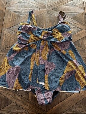 Ryllace Blouson One-Piece Swimsuit Size 14 Blue Purple Gold Abstract Print